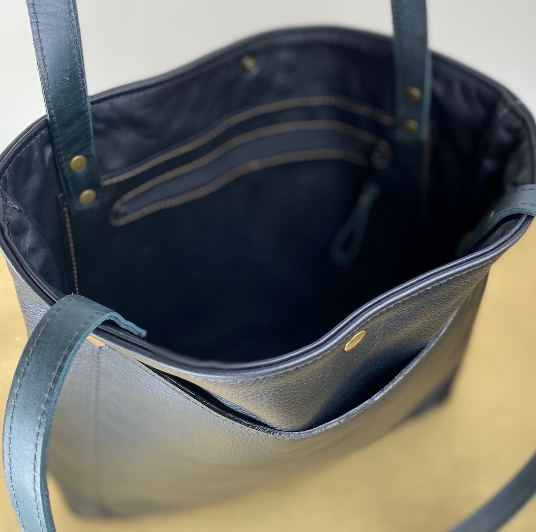 Black Leather Tote Bag with Hair-On Cowhide
