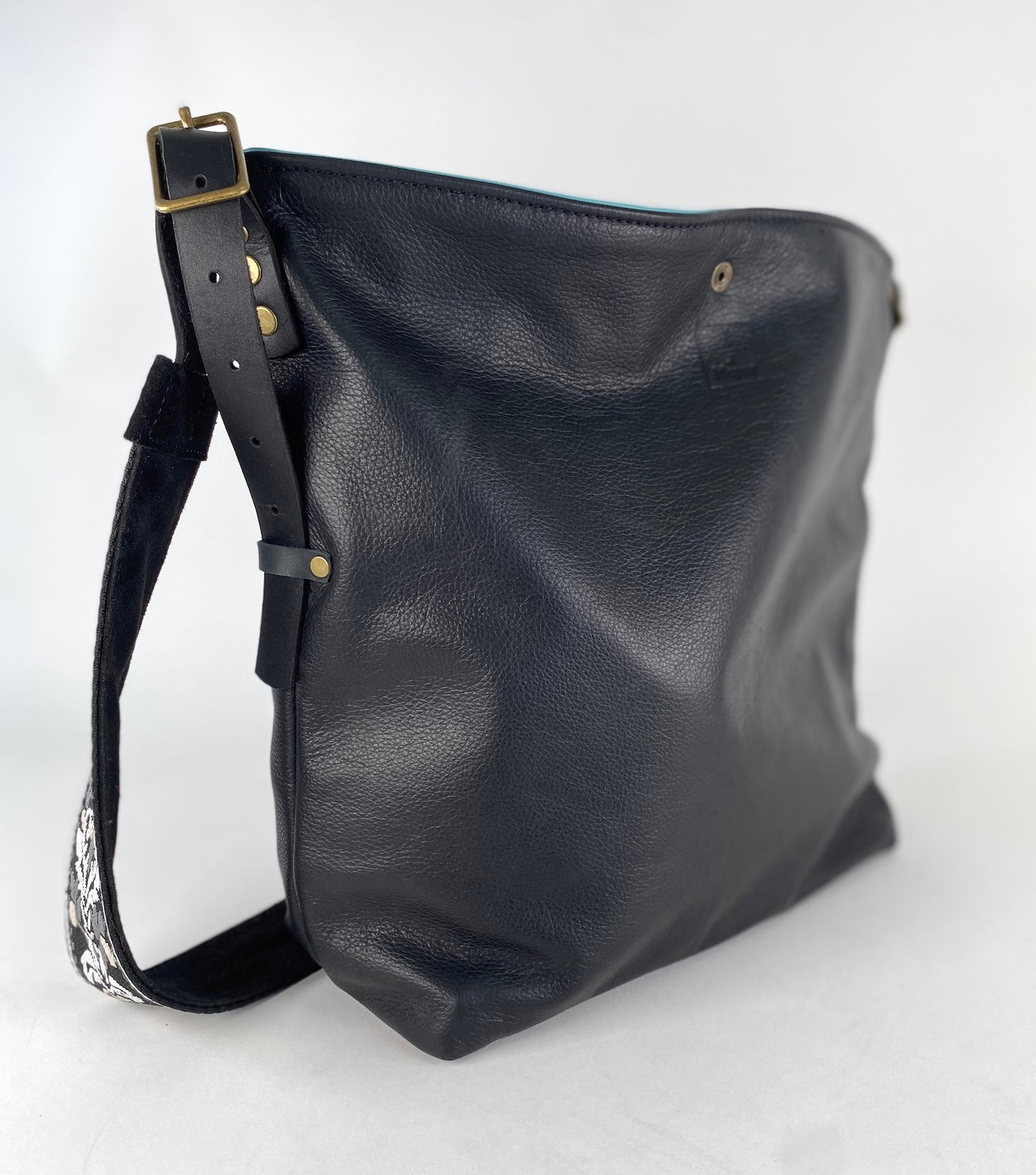 Black Leather Tote Bag with Black Suede Ribbon Strap