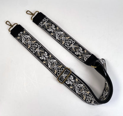 Adjustable Handbag Strap in Black with White and Tan accents