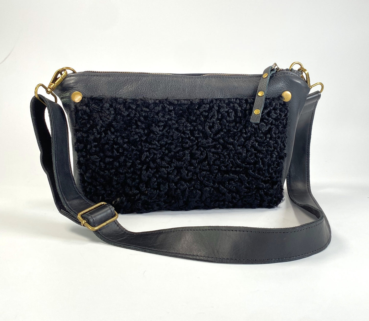 Black Leather Shoulder Purse with Sherpa Accent & Suede Ribbon Adjustable Strap