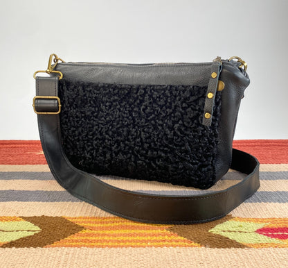 Black Leather Shoulder Purse with Sherpa Accent & Suede Ribbon Adjustable Strap