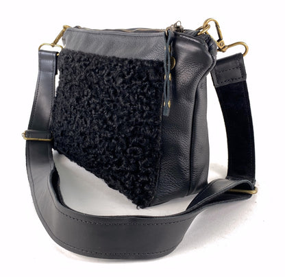 Black Leather Shoulder Purse with Sherpa Accent