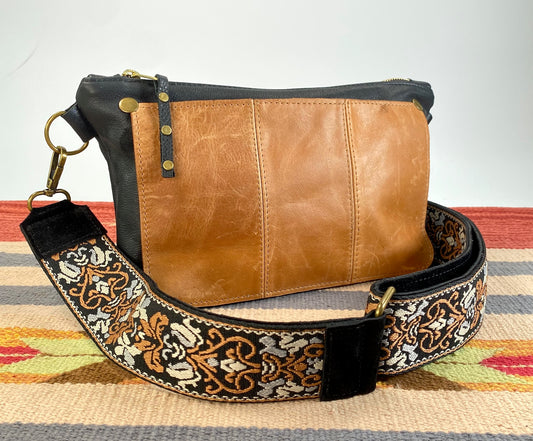 Black & Tan Leather Crossbody Purse with Coordinating Strap
