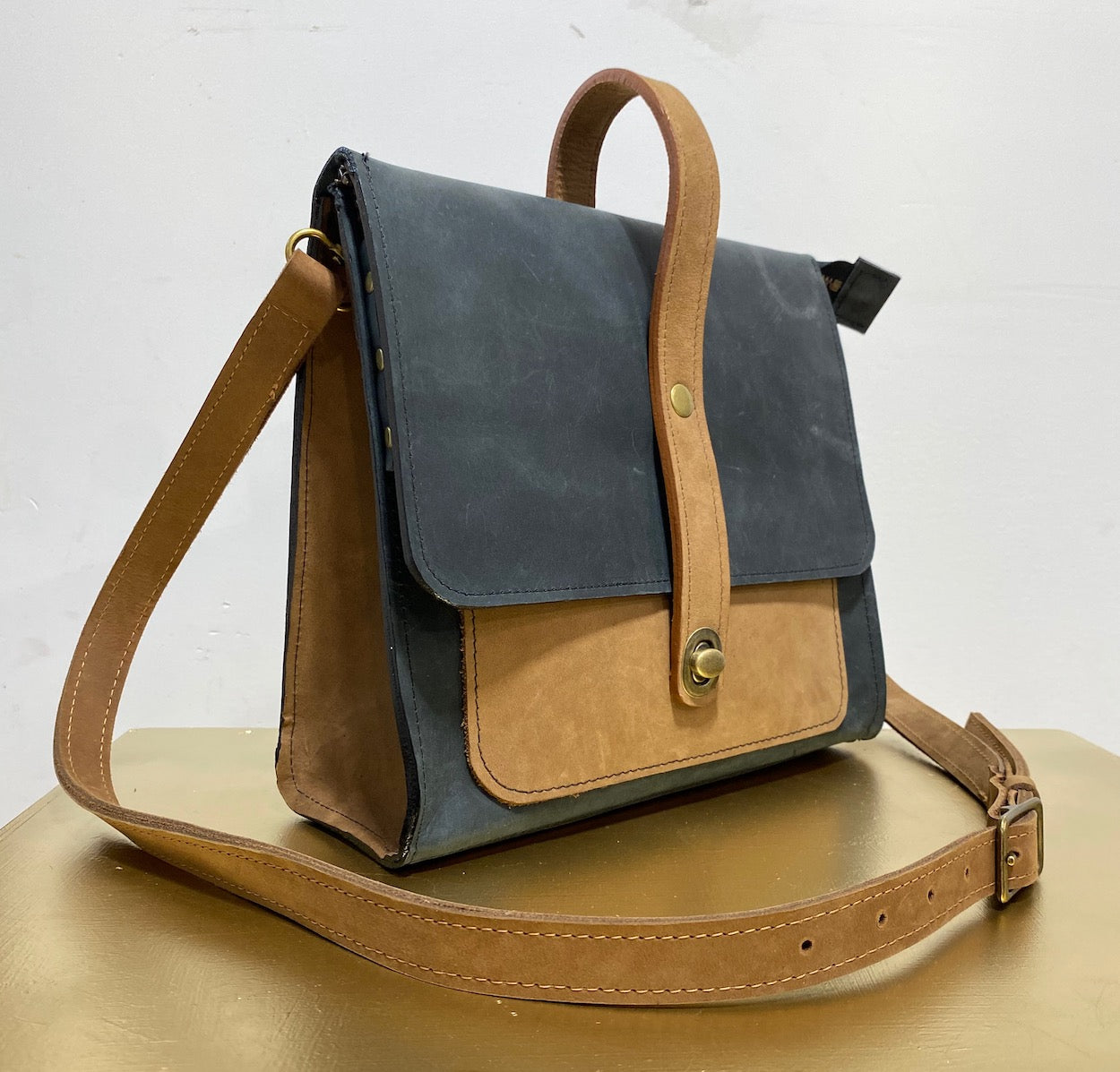 Leather Satchel Purse in Black and Tan