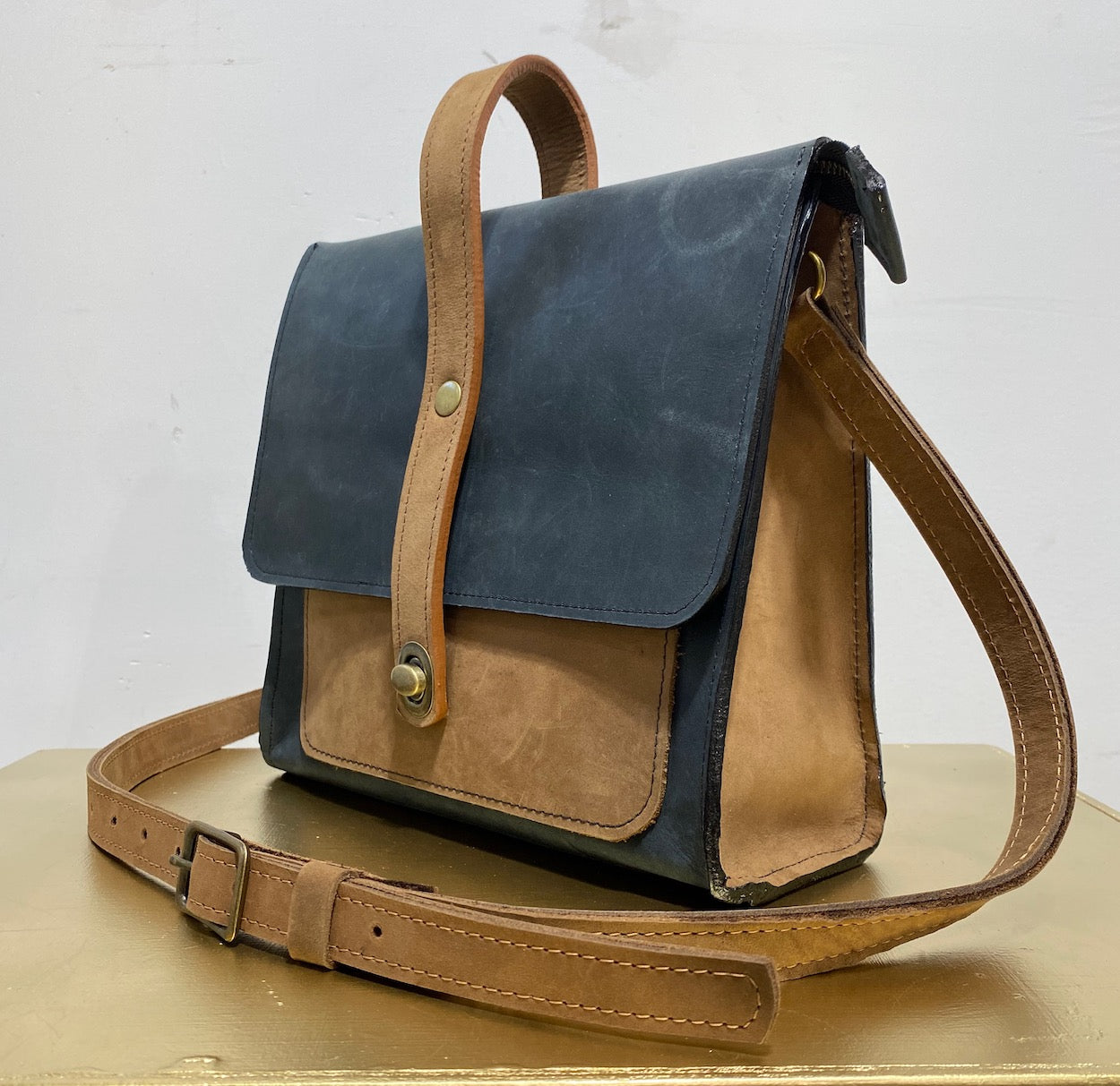 Leather Satchel Purse in Black and Tan