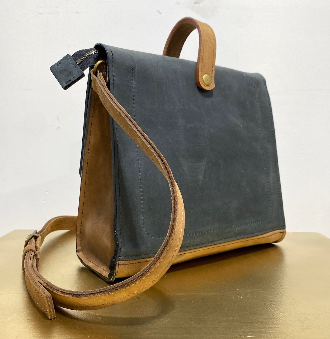 Leather Satchel Purse in Black and Tan