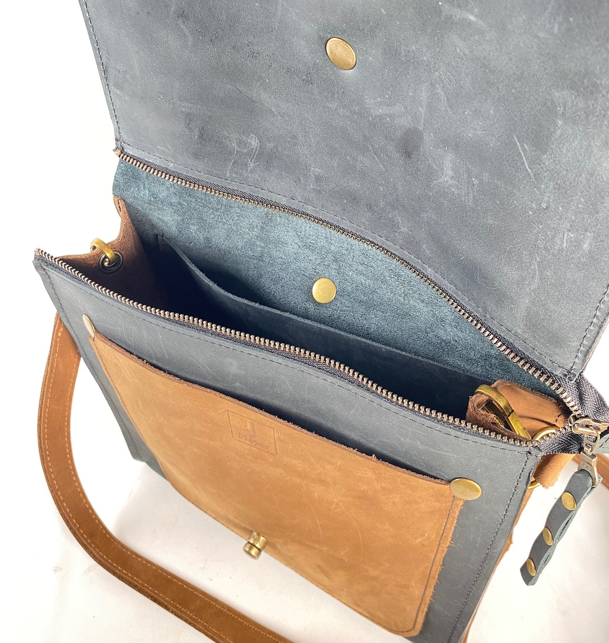 Leather Satchel Purse in Black and Tan
