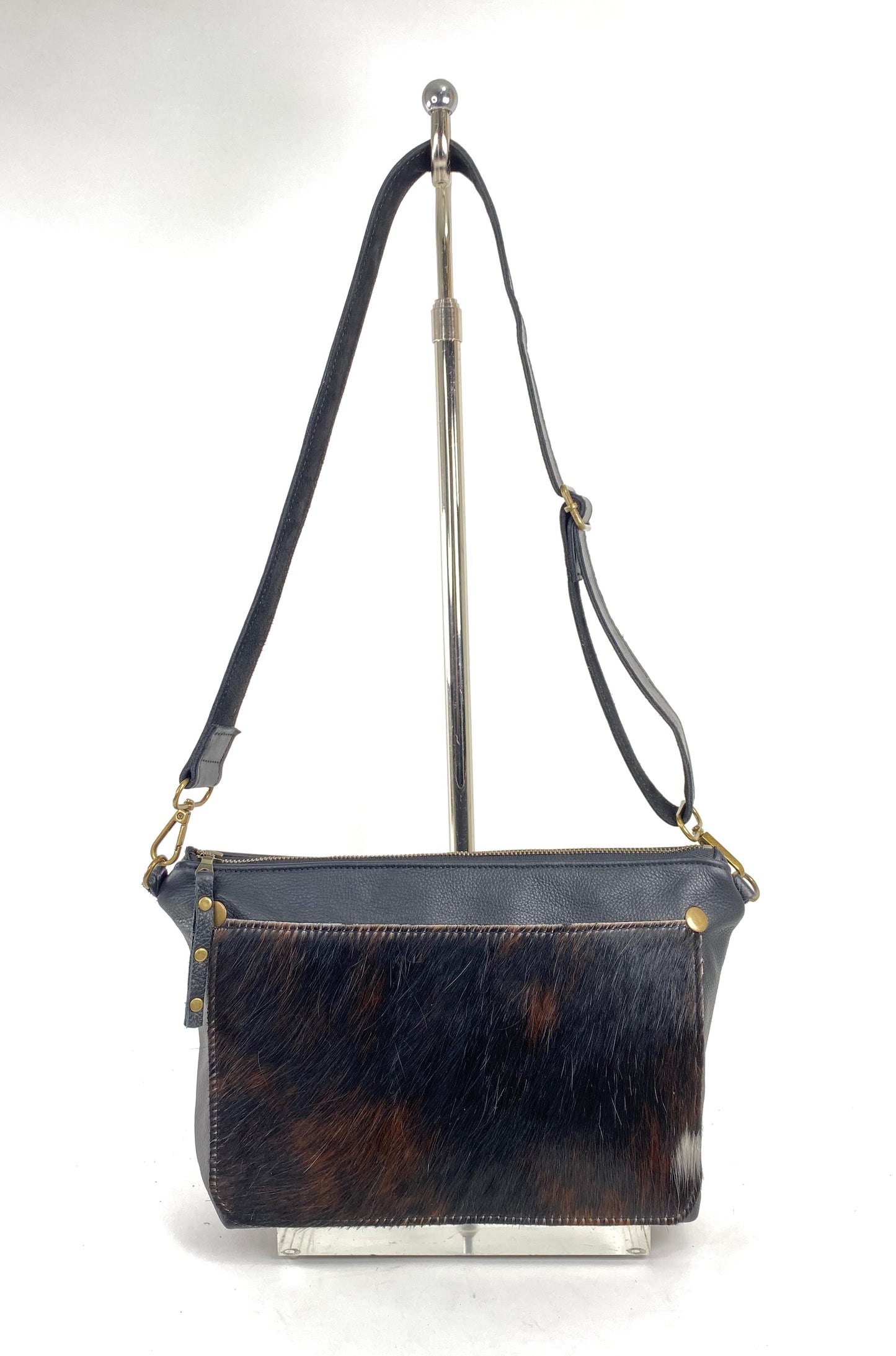 Black Leather Shoulder Purse with Hair-On Cowhide Accent