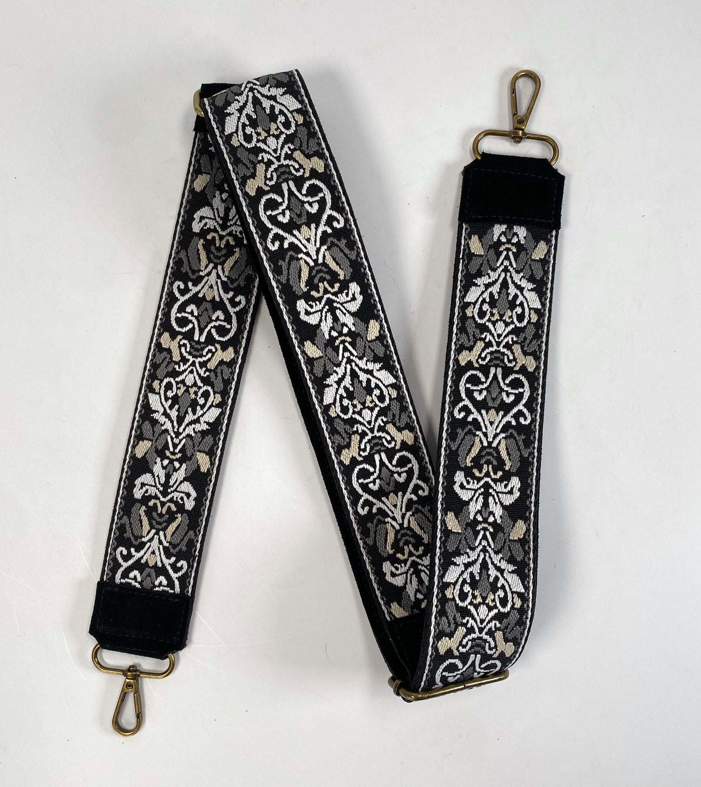 Adjustable Handbag Strap in Black with White and Tan accents
