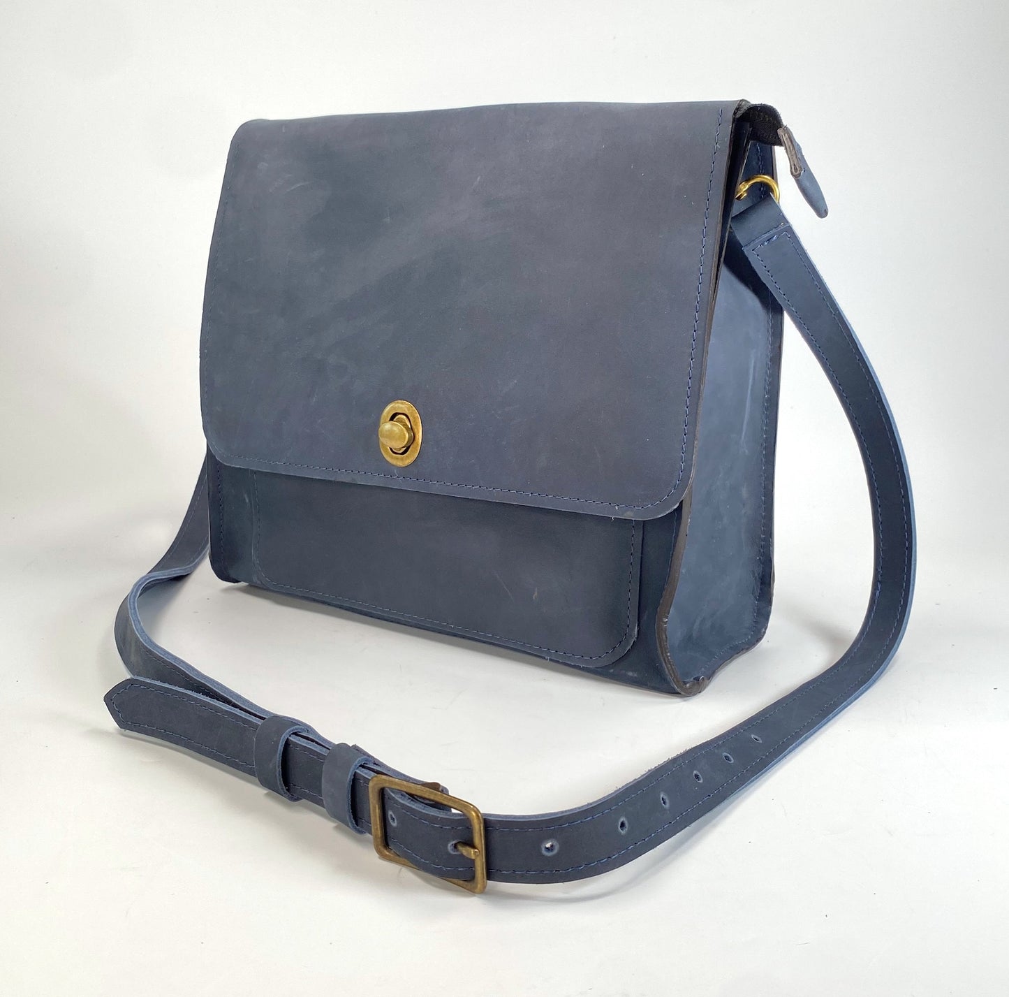 Leather Satchel Purse Hand Stitched in Moody Blue