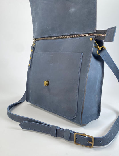 Leather Satchel Purse Hand Stitched in Moody Blue