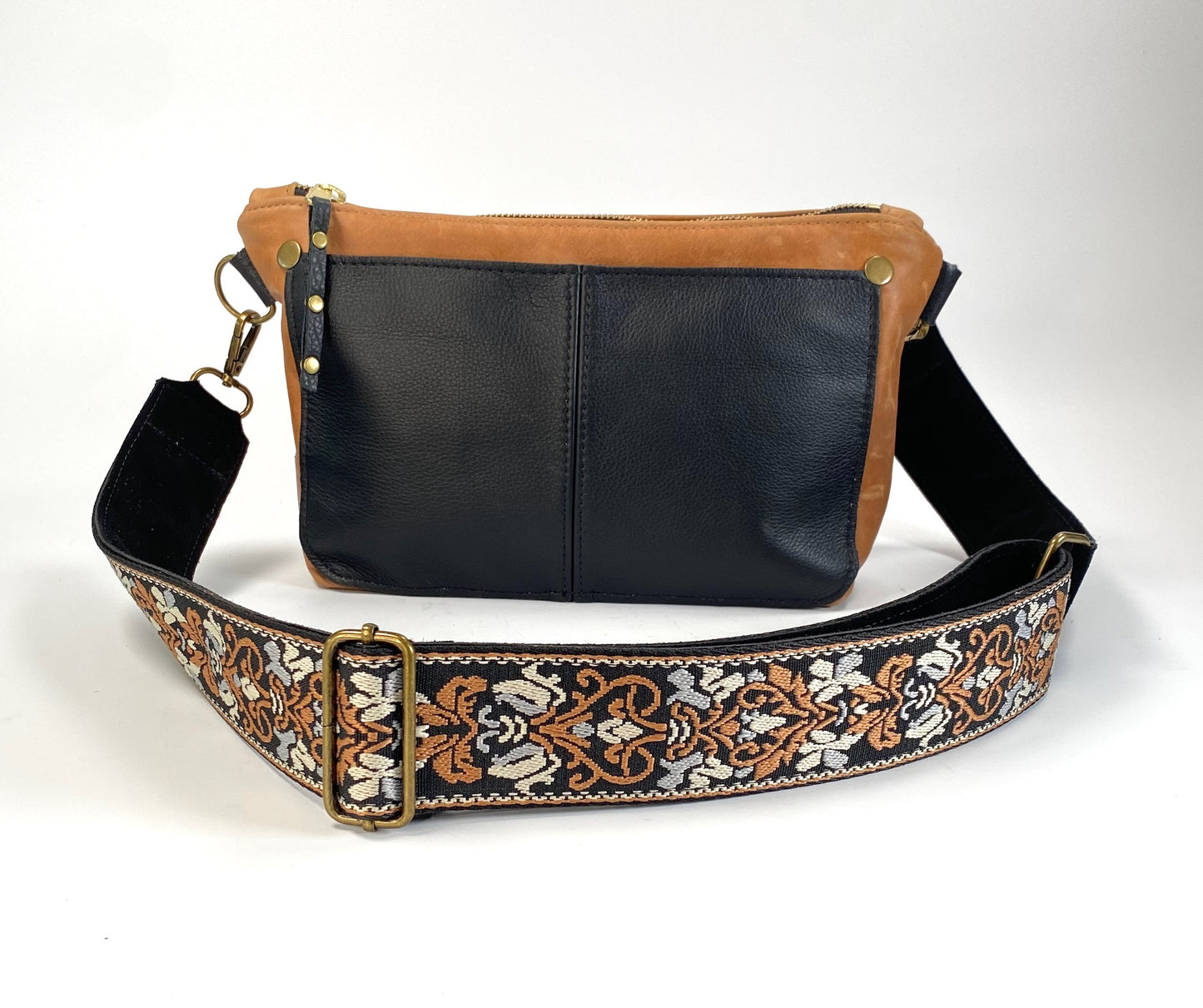 Tan & Black Leather Crossbody Purse with Coordinating Strap