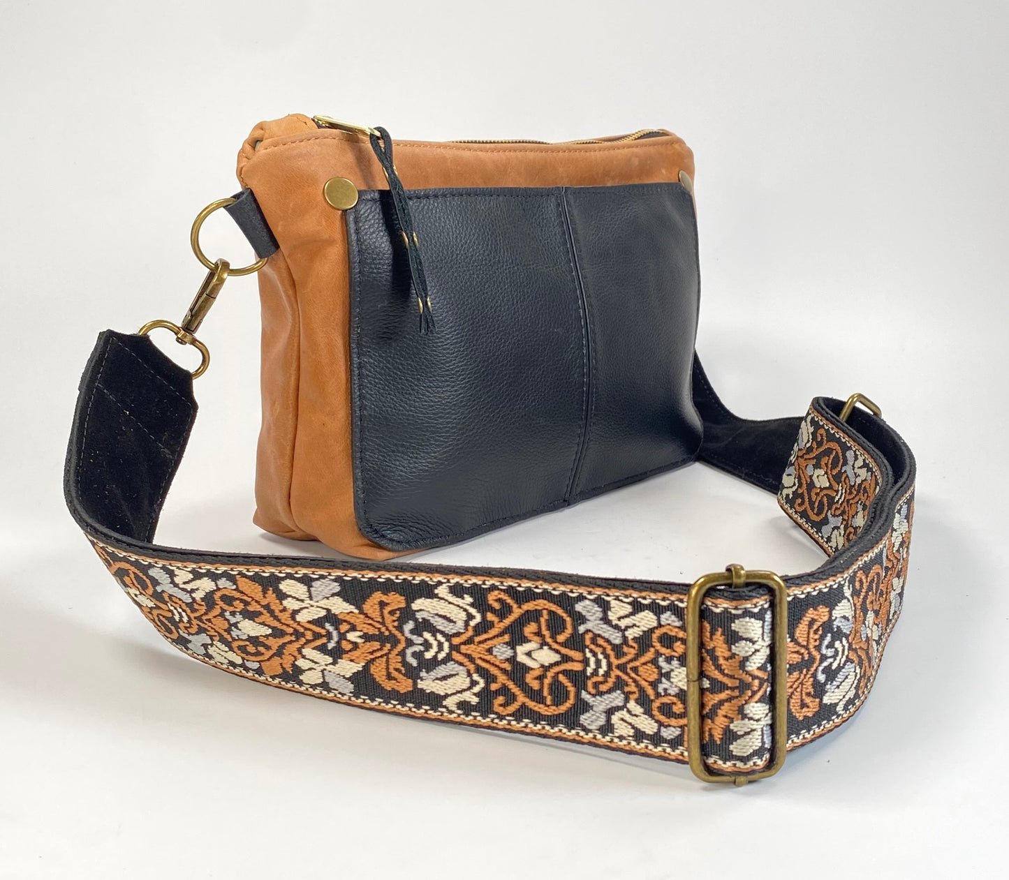 Tan & Black Leather Crossbody Purse with Coordinating Strap