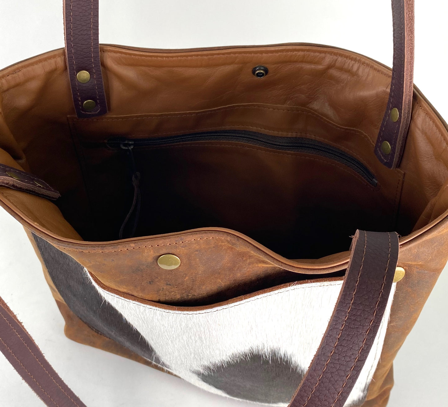 Brown Leather Tote Bag with Hair-on Cowhide