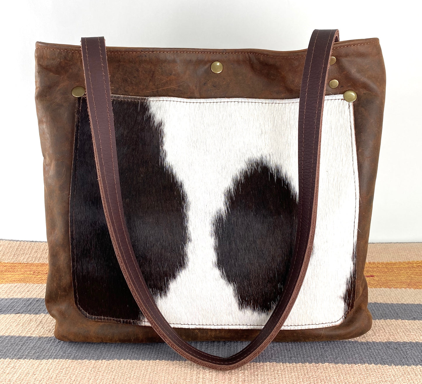 Brown Leather Tote Bag with Hair-on Cowhide