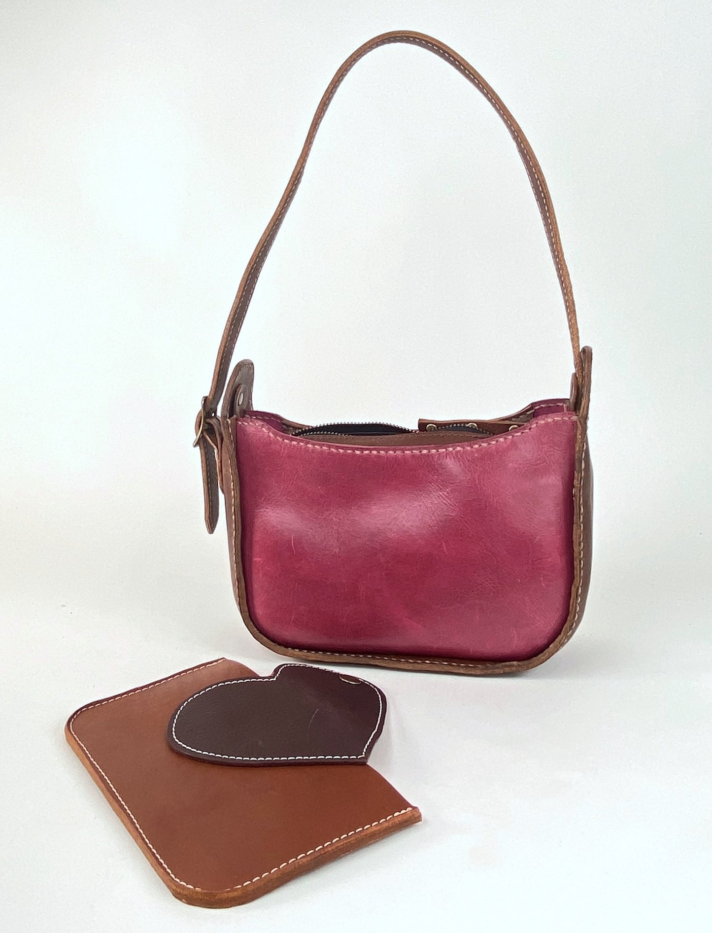 Lily 8 Compact Shoulder Bag Hand Stitched in Magenta & Tan