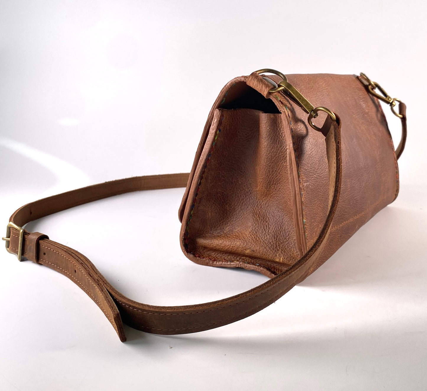 Oiled Leather Crossbody Bag - dark tan, hand-stitched