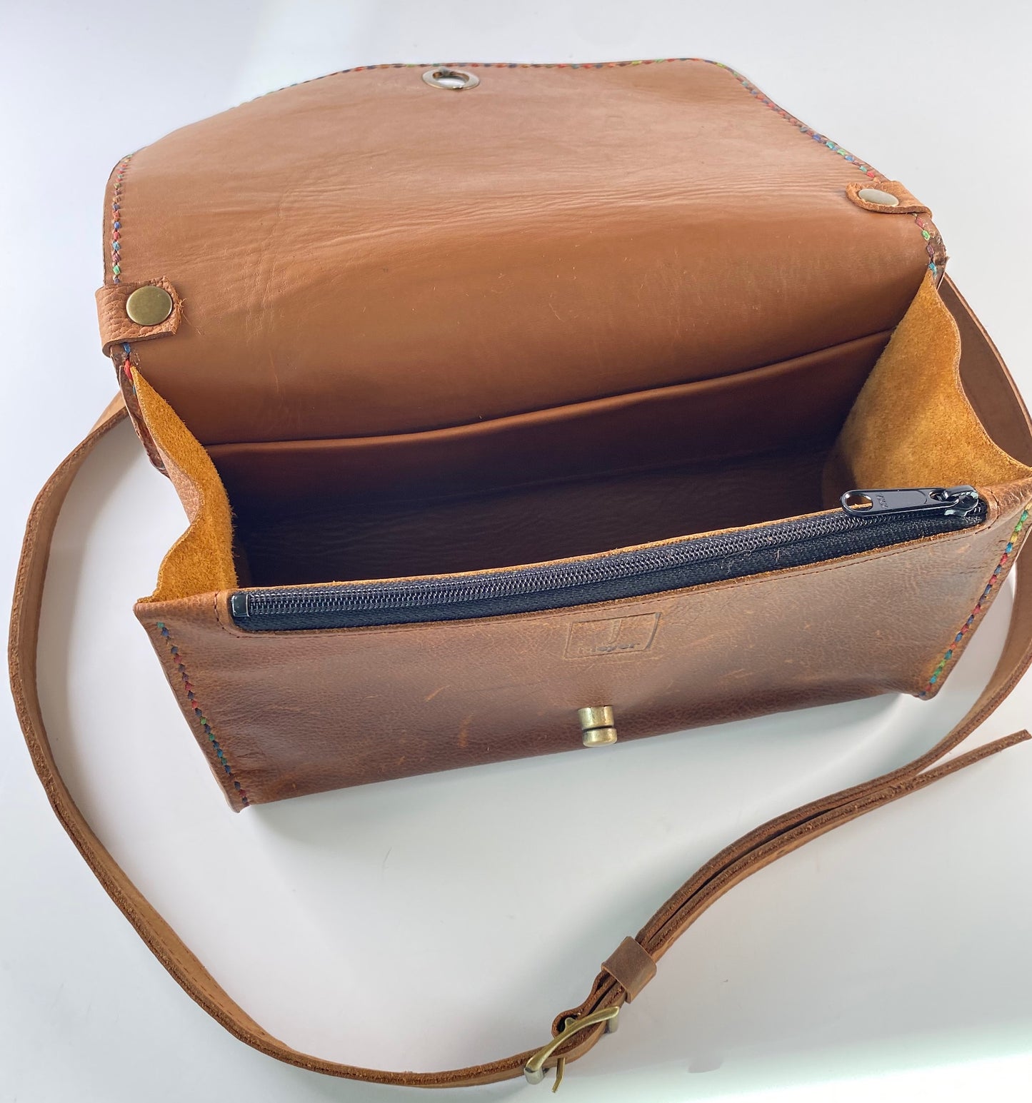 Oiled Leather Crossbody Bag - dark tan, hand-stitched