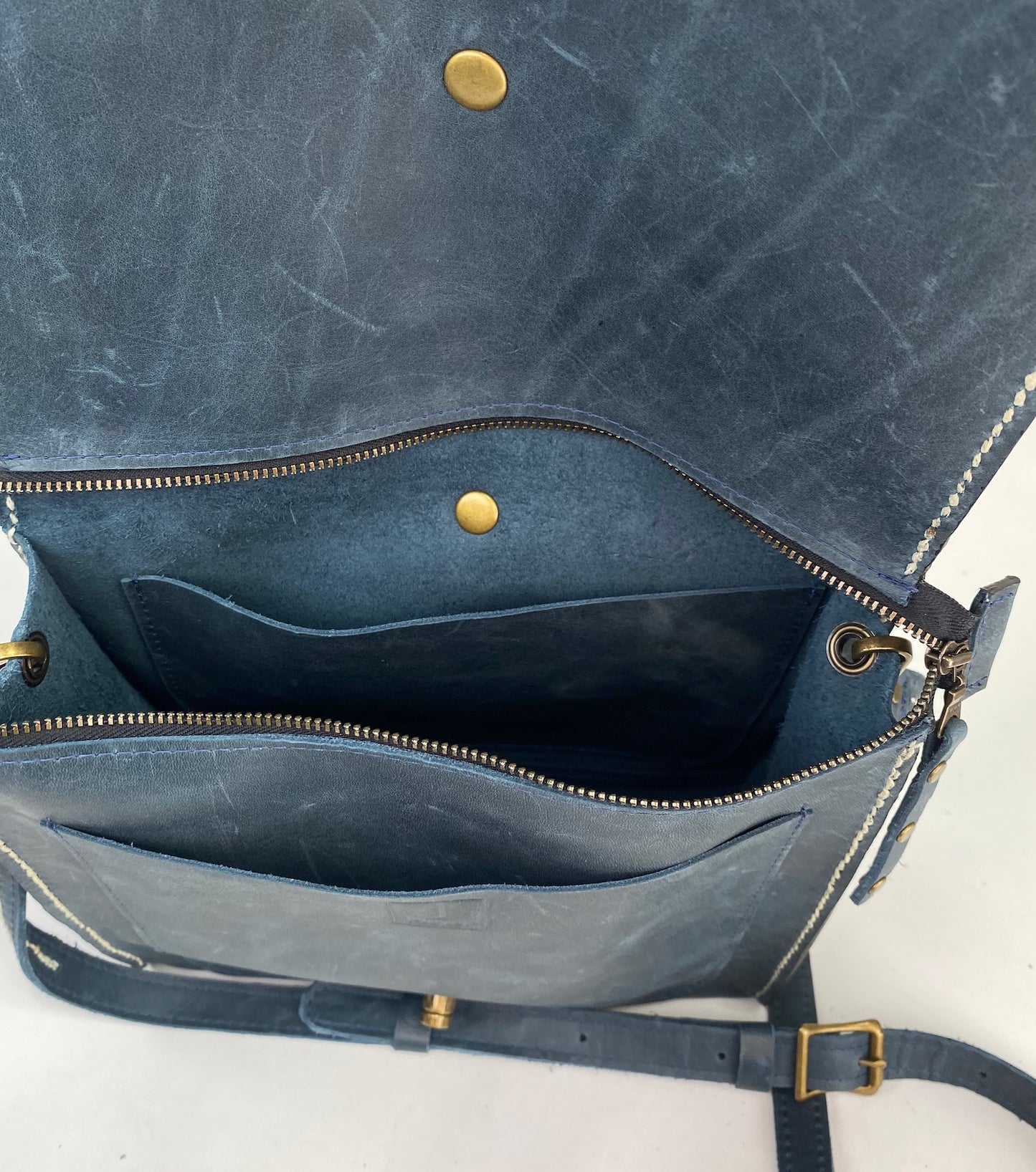 Navy Blue Leather Satchel Hand Stitched