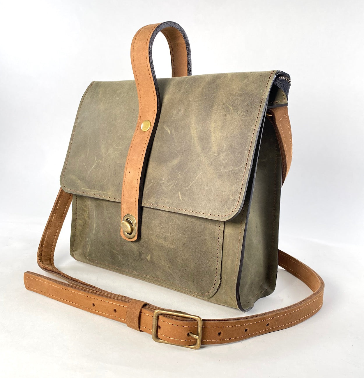 Leather Satchel Purse in Olive Green