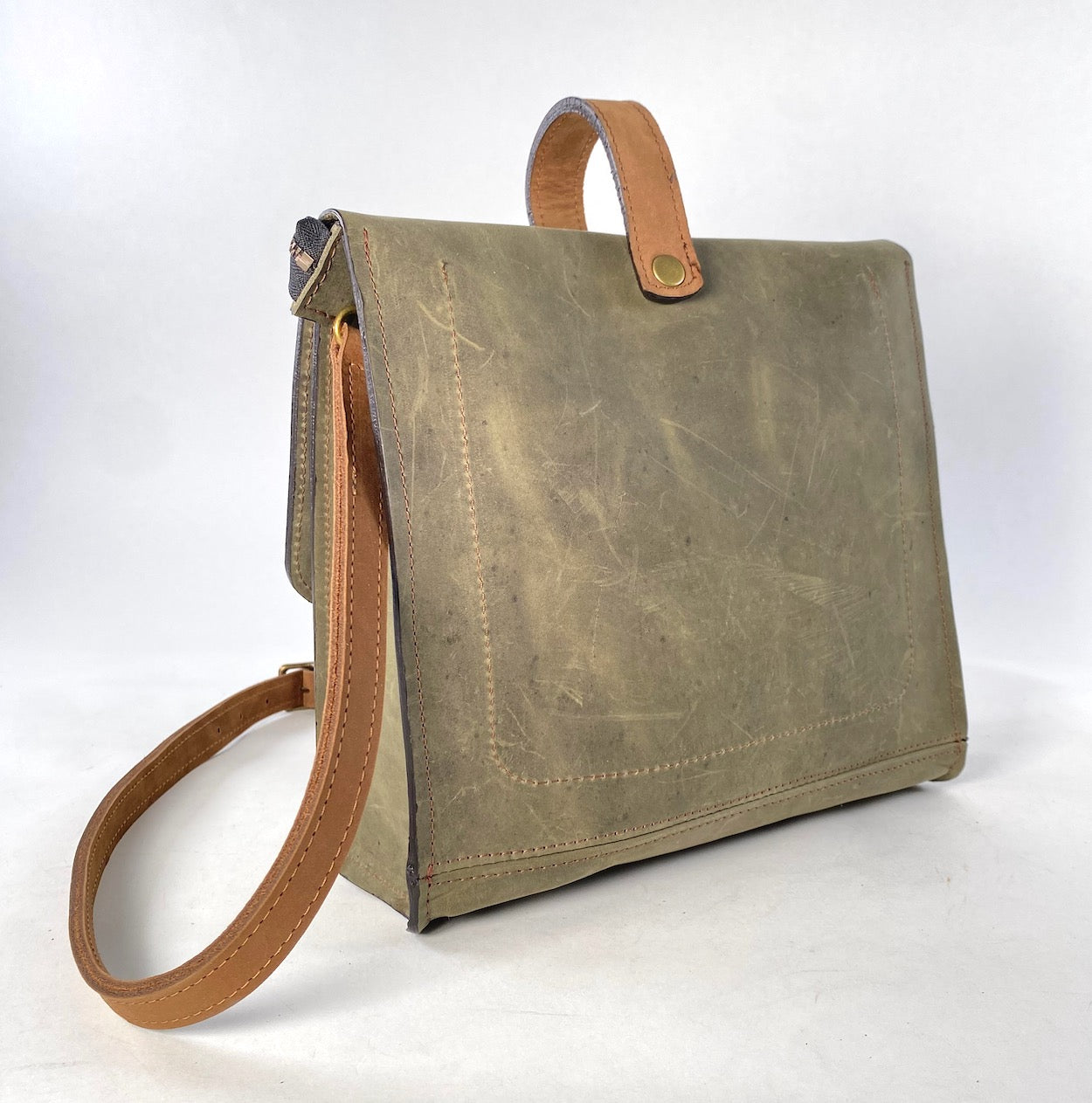 Leather Satchel Purse in Olive Green