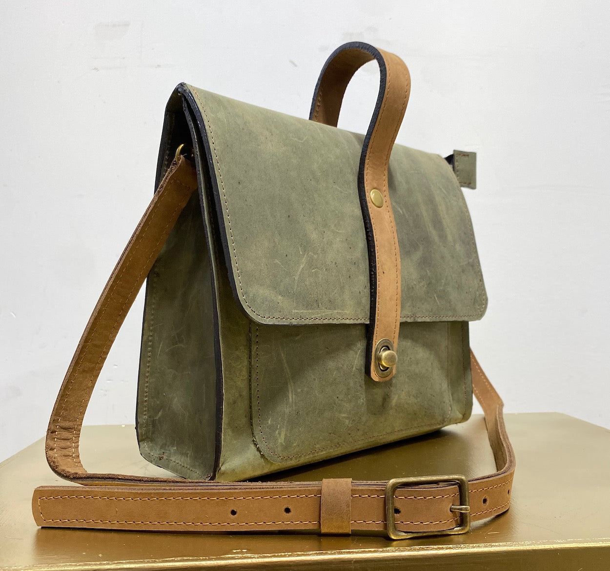 Leather Satchel Purse in Olive Green