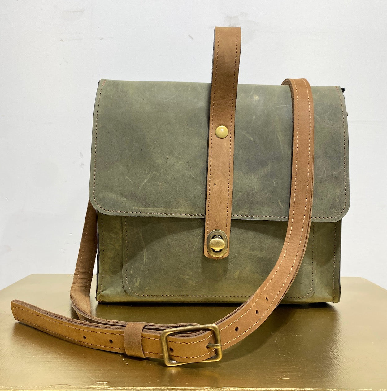 Leather Satchel Purse in Olive Green