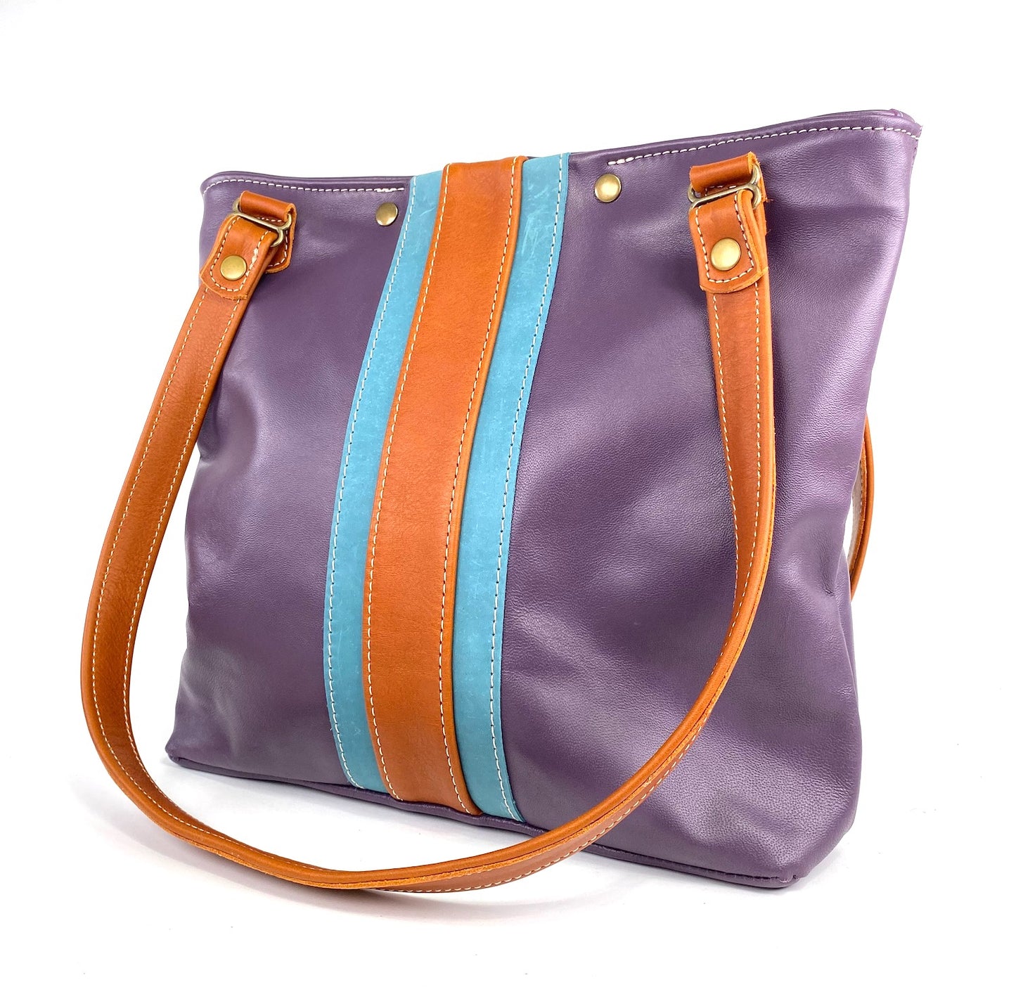 Purple Lambskin Leather Tote Bag with Tan/Teal Accent