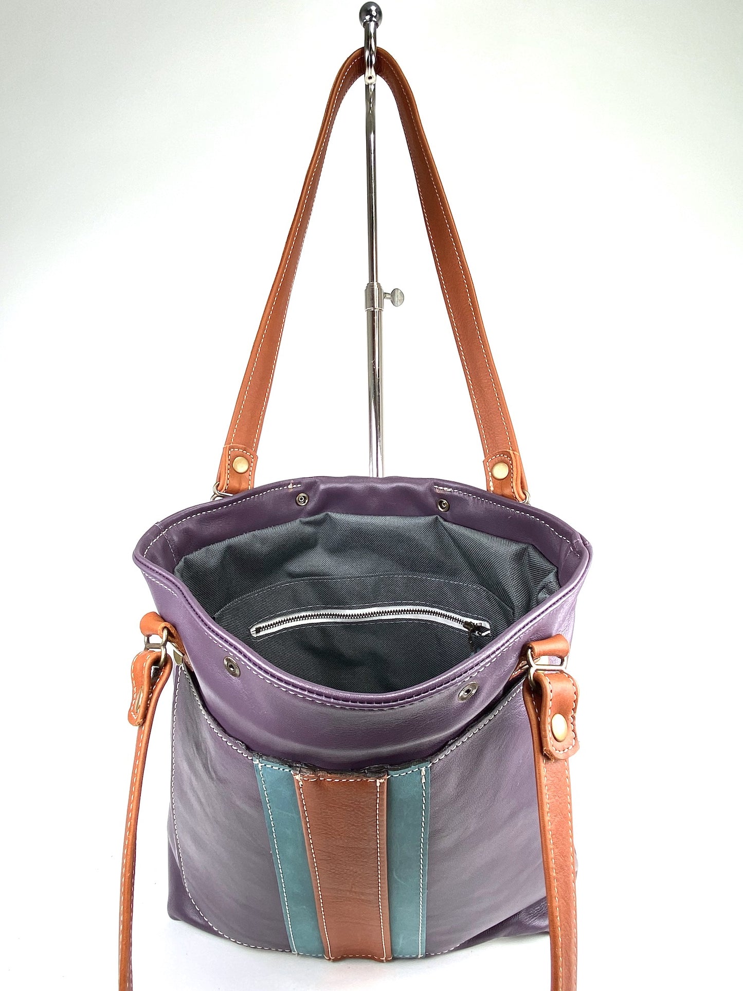 Purple Lambskin Leather Tote Bag with Tan/Teal Accent