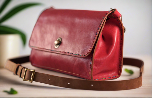 Red Leather Crossbody Bag; hand-stitched with variegated rainbow thread