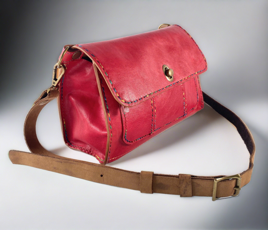 Red Leather Crossbody Bag; hand-stitched
