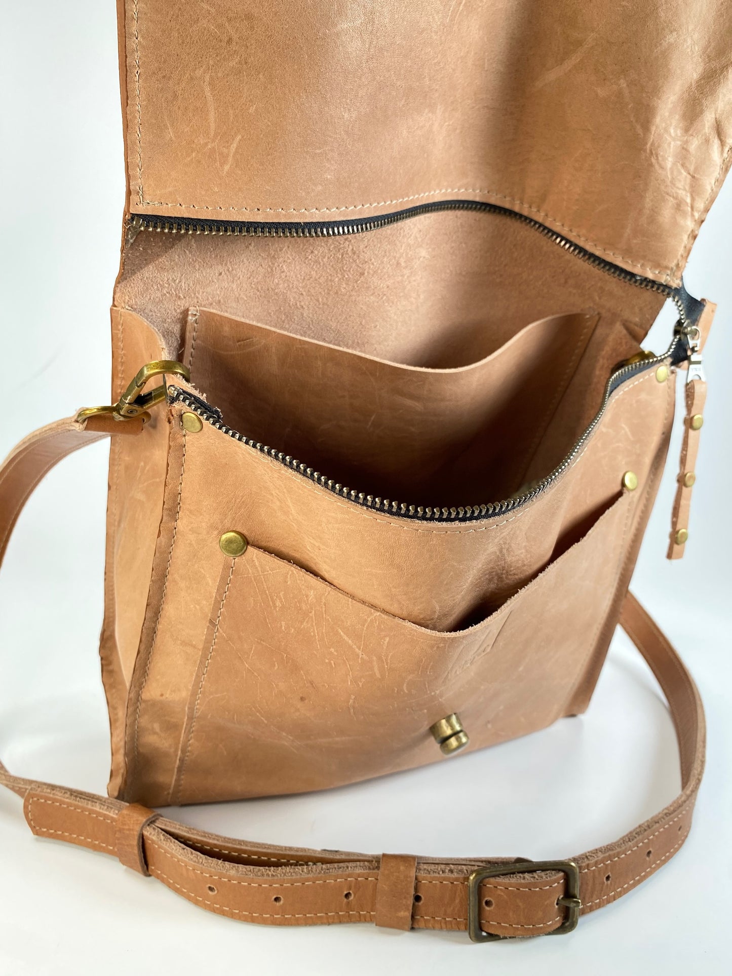 Leather Satchel Purse Hand Stitched in Demure Tan