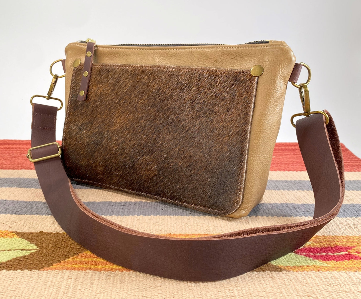 Tan Leather Shoulder Purse with Hair-On Cowhide Accent