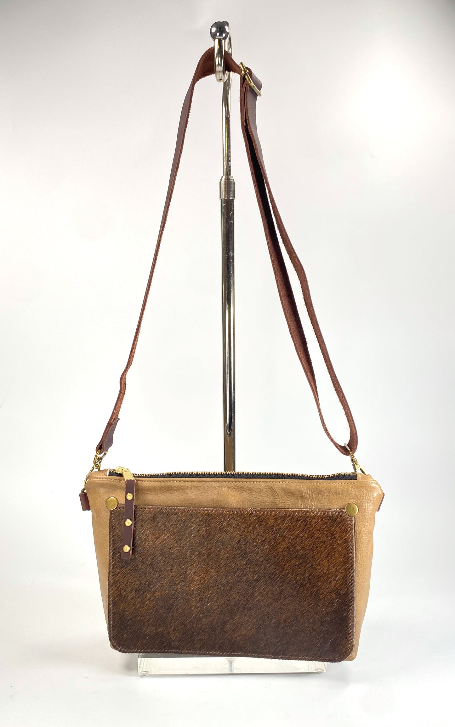 Tan Leather Shoulder Purse with Hair-On Cowhide Accent