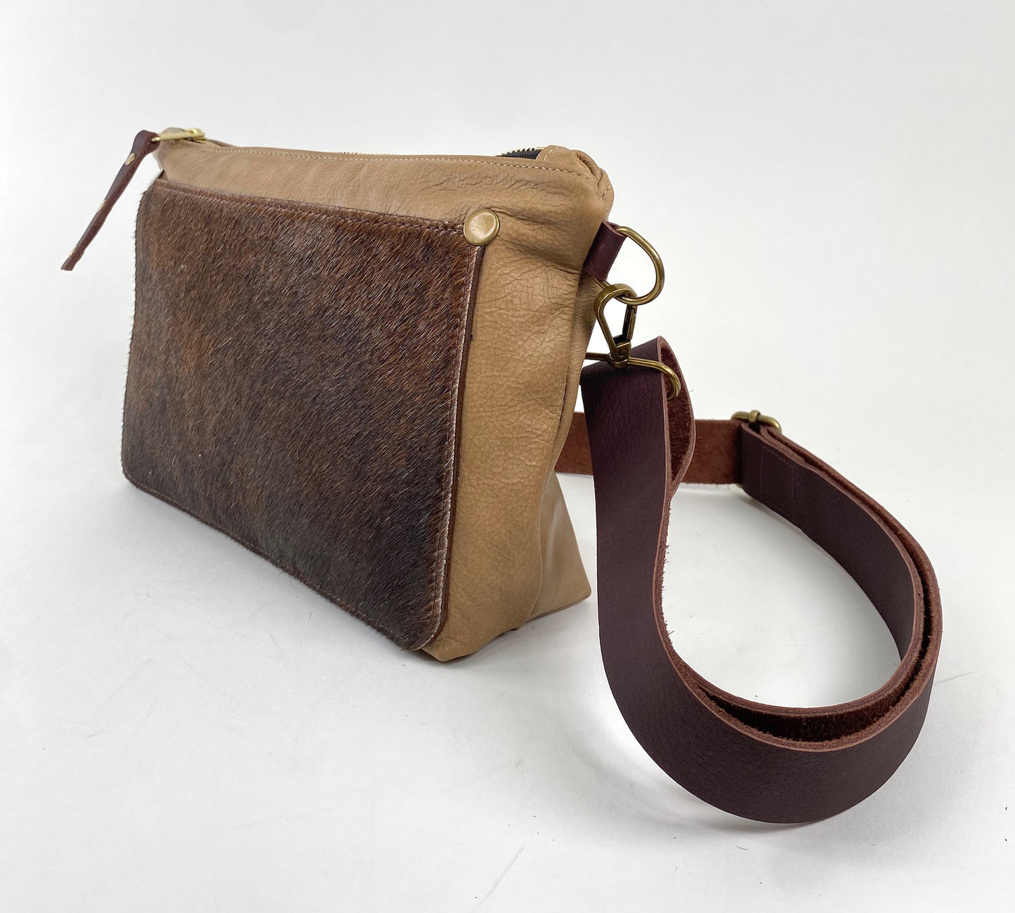 Tan Leather Shoulder Purse with Hair-On Cowhide Accent