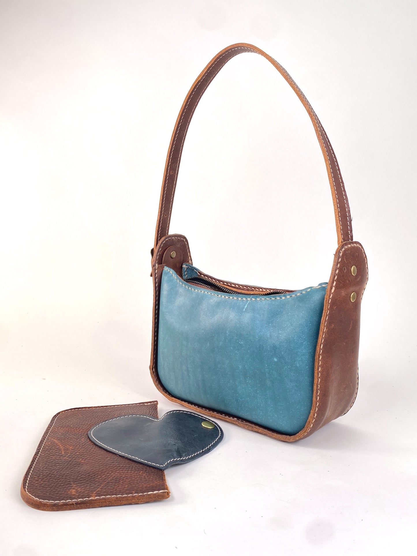 Lily 8 Compact Shoulder Bag Hand Stitched in Teal Blue and Tan