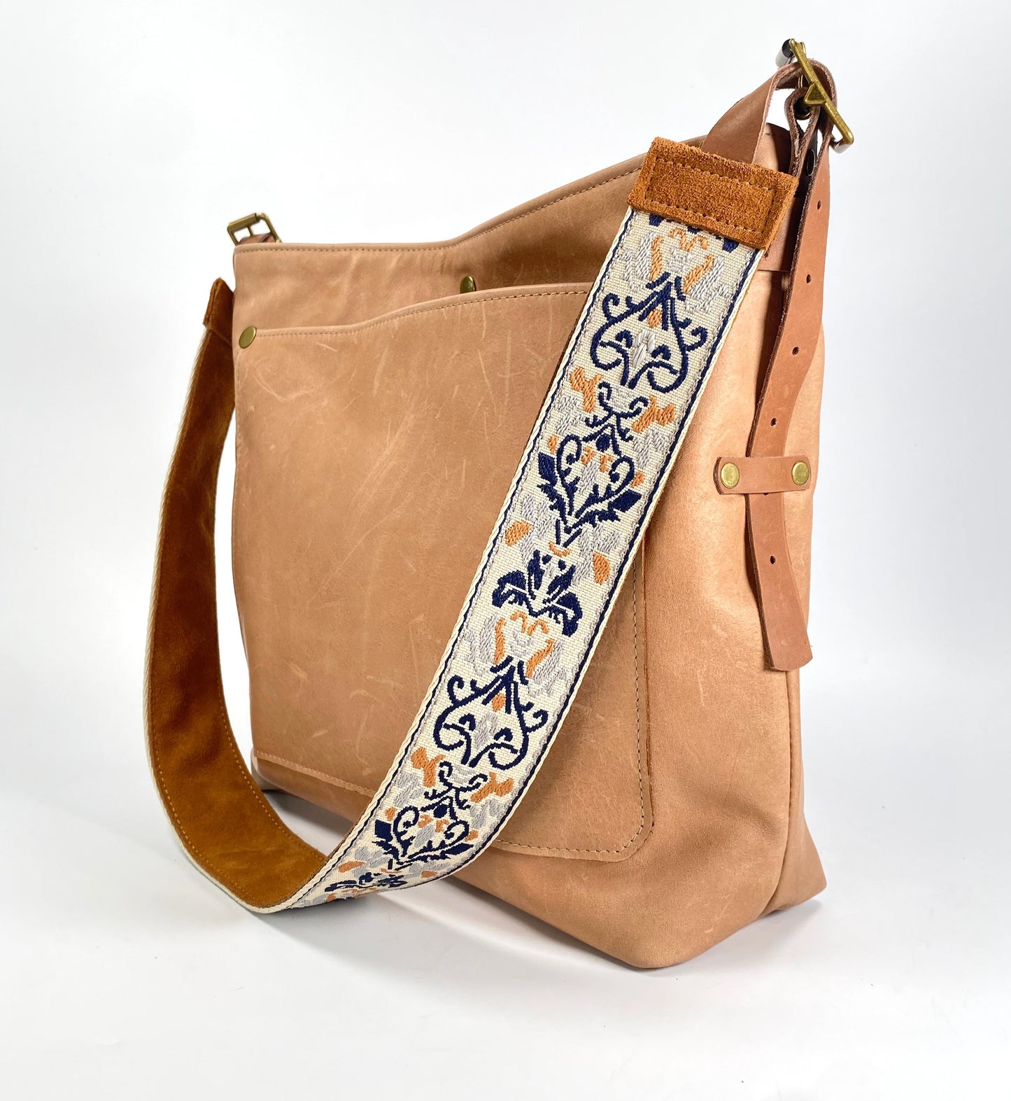 Honey Tan Leather Tote Bag with Suede Ribbon Strap