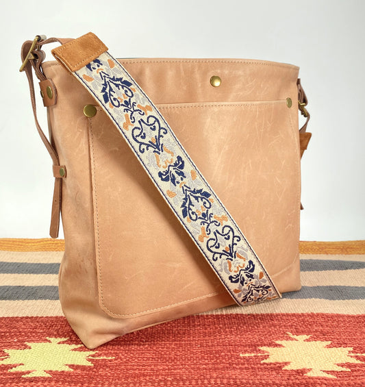 Honey Tan Leather Tote Bag with Suede Ribbon Strap