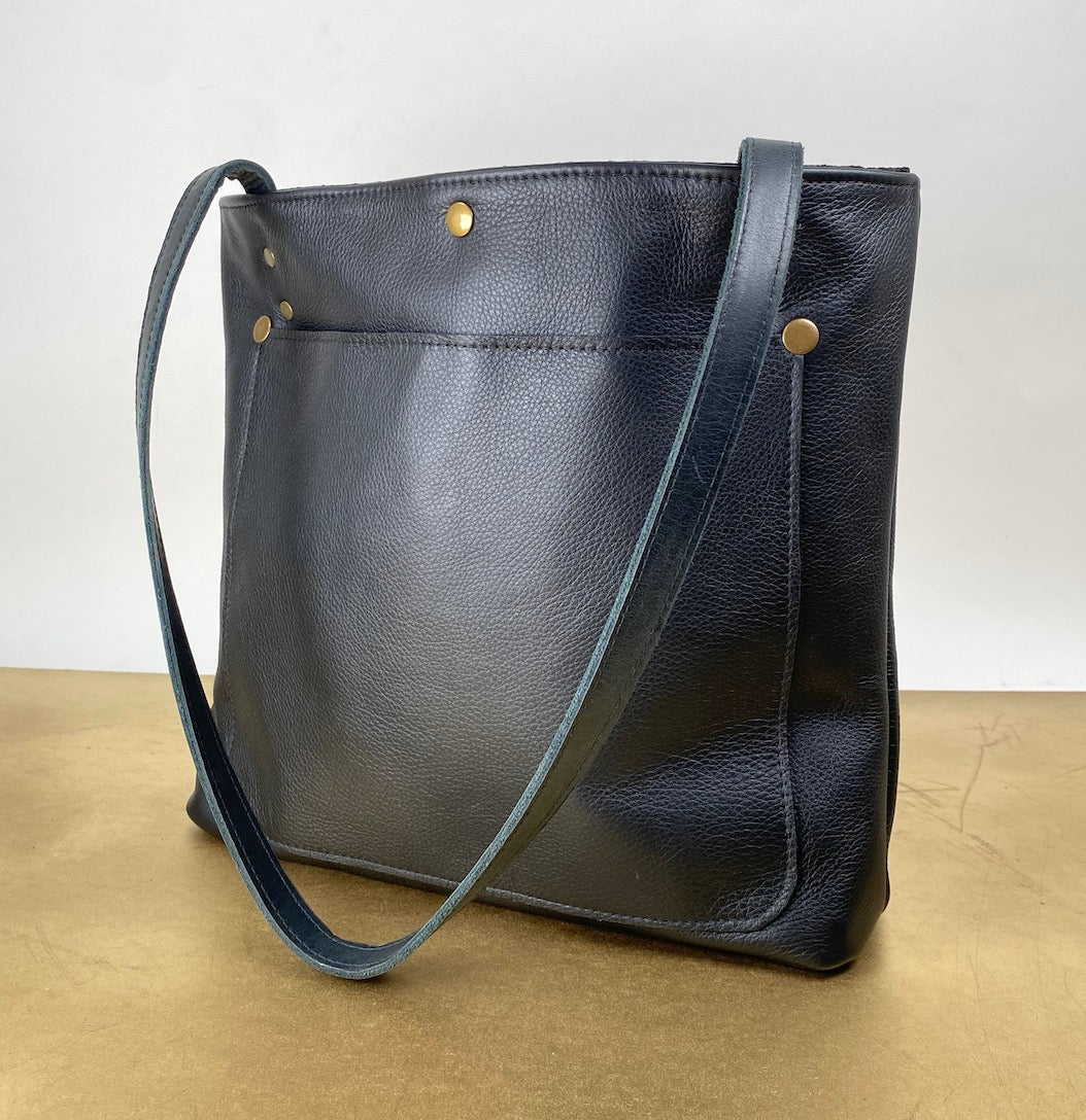 Black Leather Tote Bag with Hair-On Cowhide