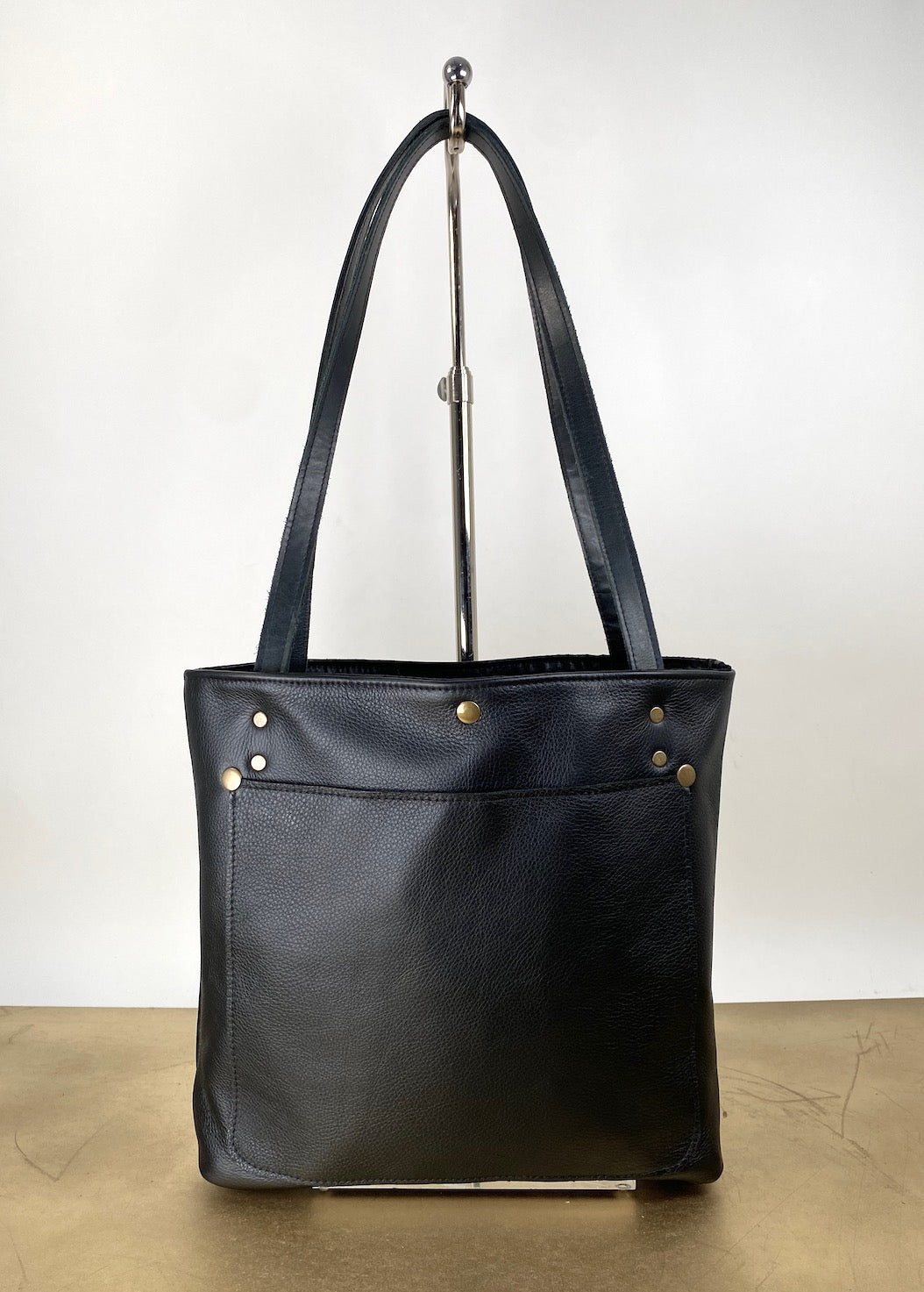 Black Leather Tote Bag with Hair-On Cowhide