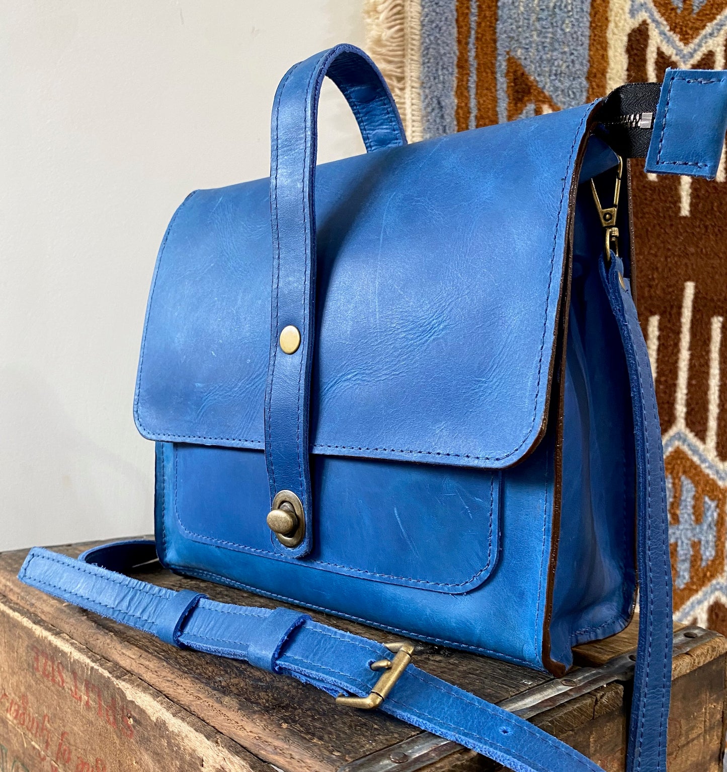 Leather Satchel Purse in Electric Blue
