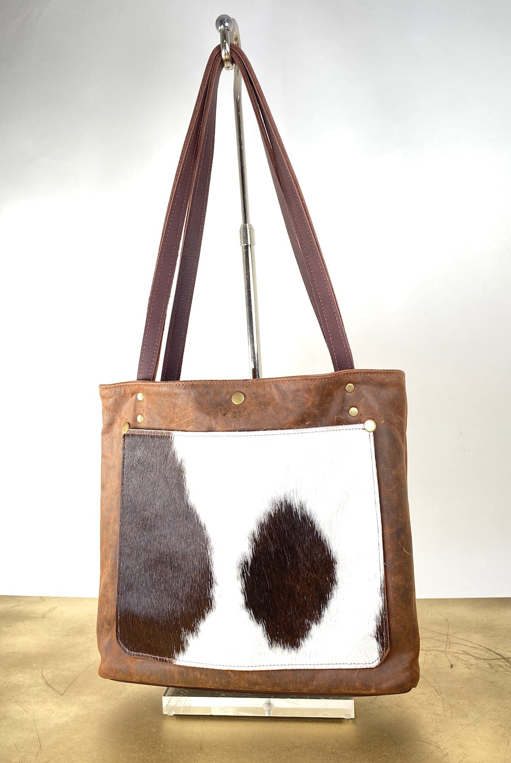 Brown Leather Tote Bag with Hair-on Cowhide