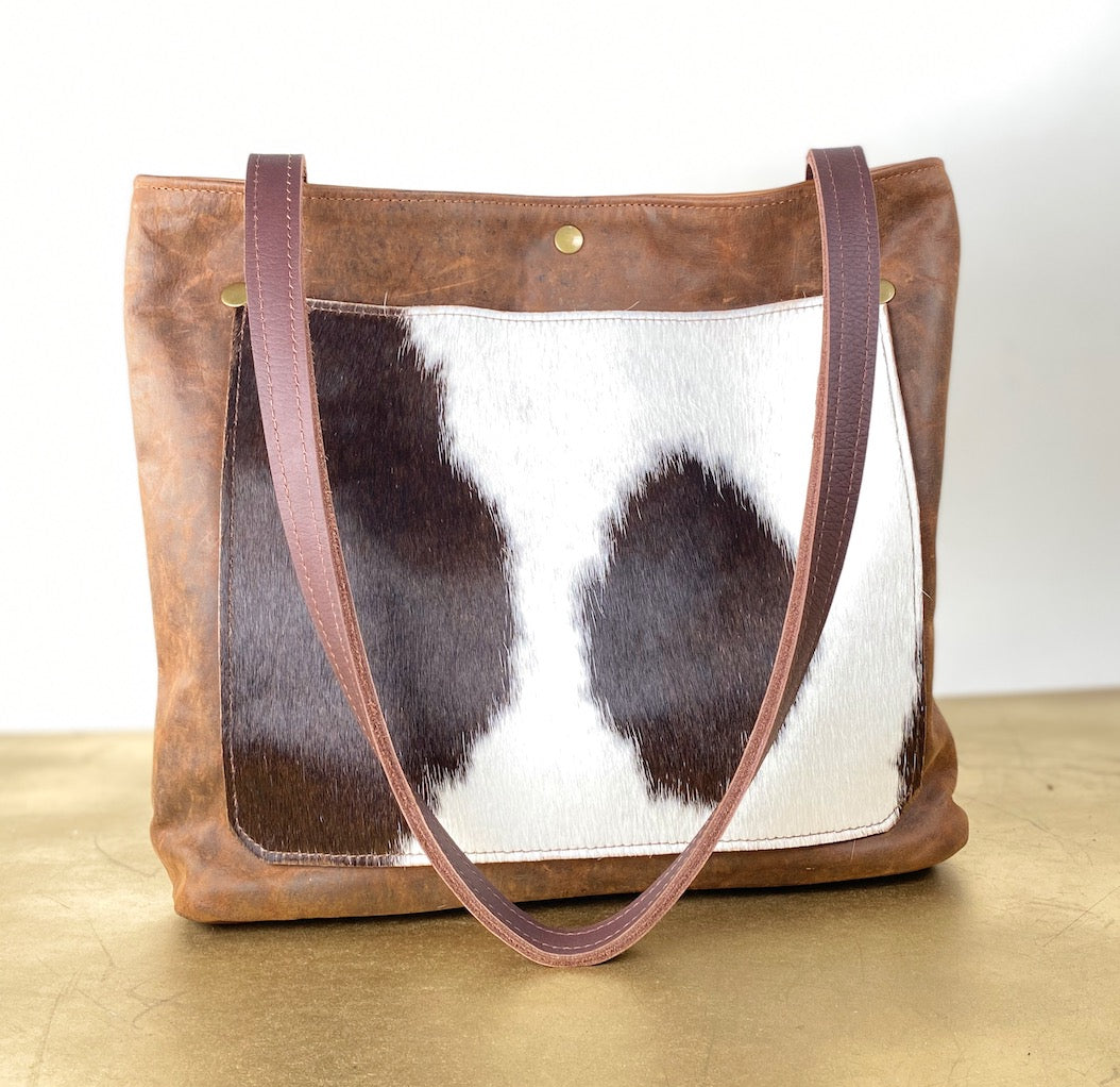 Brown Leather Tote Bag with Hair-on Cowhide