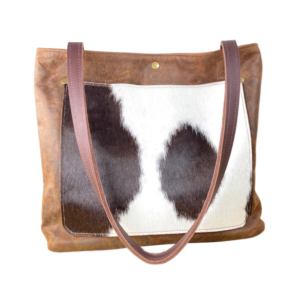 Brown Leather Tote Bag with Hair-on Cowhide