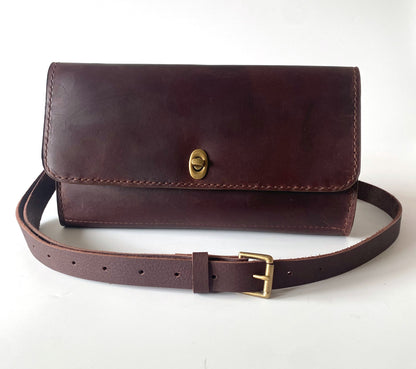 Dark Brown Oiled Leather Crossbody Bag; hand-stitched