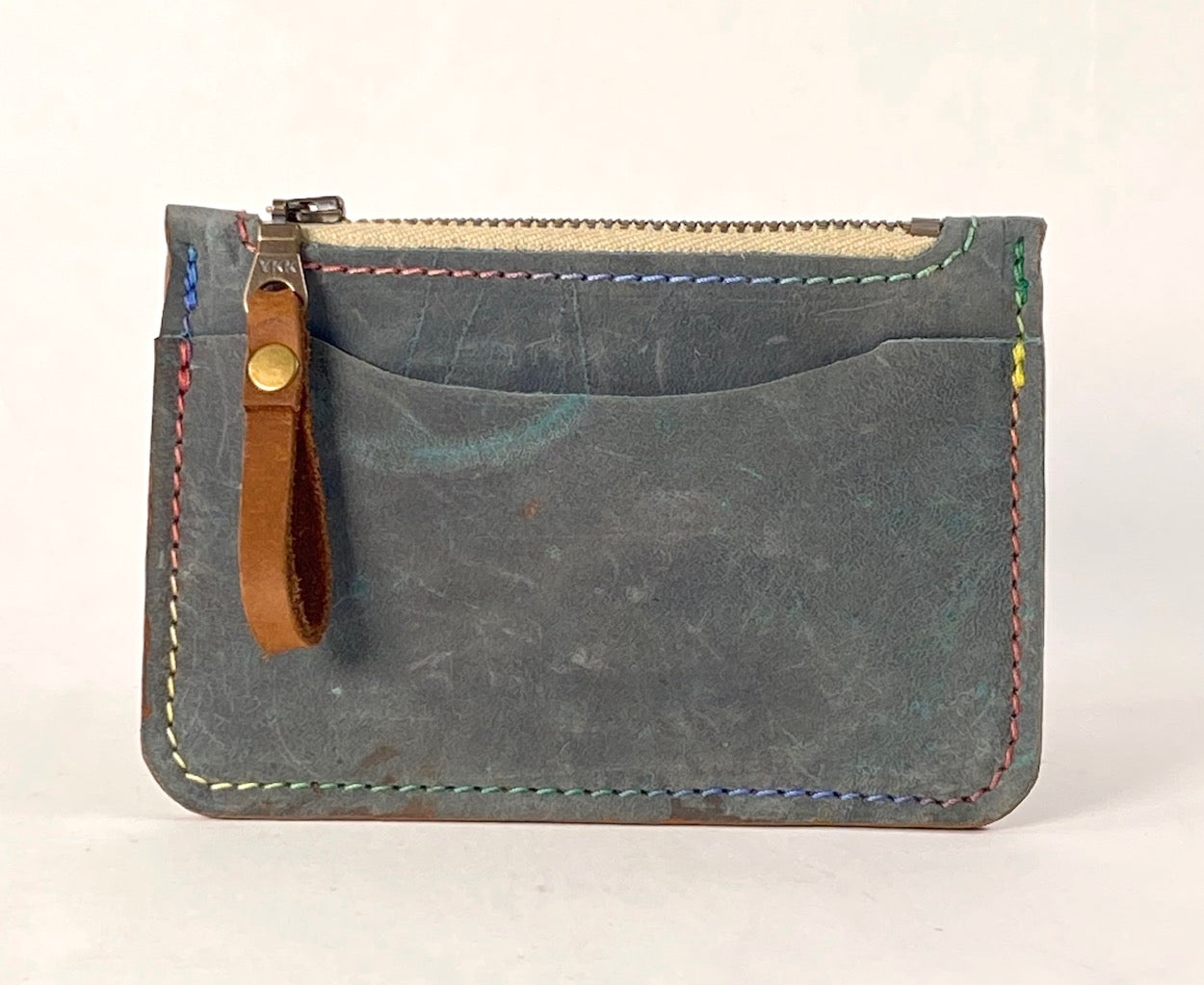 Denim Blue Leather Card & Coin Wallet with Variegated Thread Detail