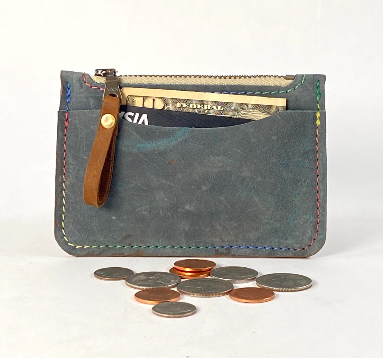 Denim Blue Leather Card & Coin Wallet with Variegated Thread Detail