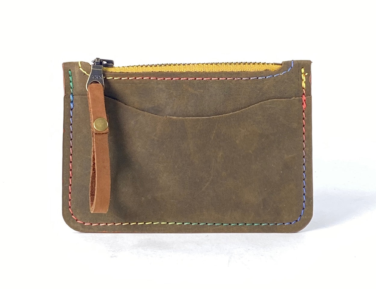Green Leather Card & Coin Wallet with Variegated Thread Detail