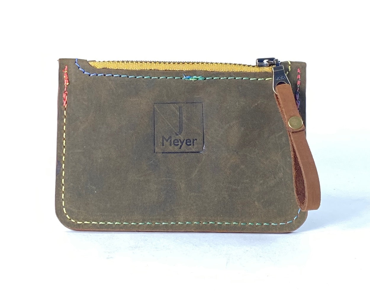 Green Leather Card & Coin Wallet with Variegated Thread Detail
