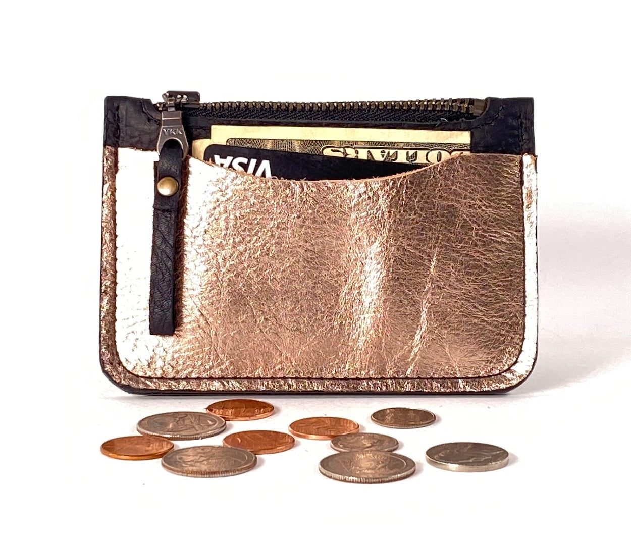 Black with Blush Metalic Leather Card & Coin Wallet